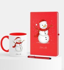 Kişiye Özel Yılbaşı Kardan Adam Temalı Kırmızı Defter Kalem Kupa Seti - 2