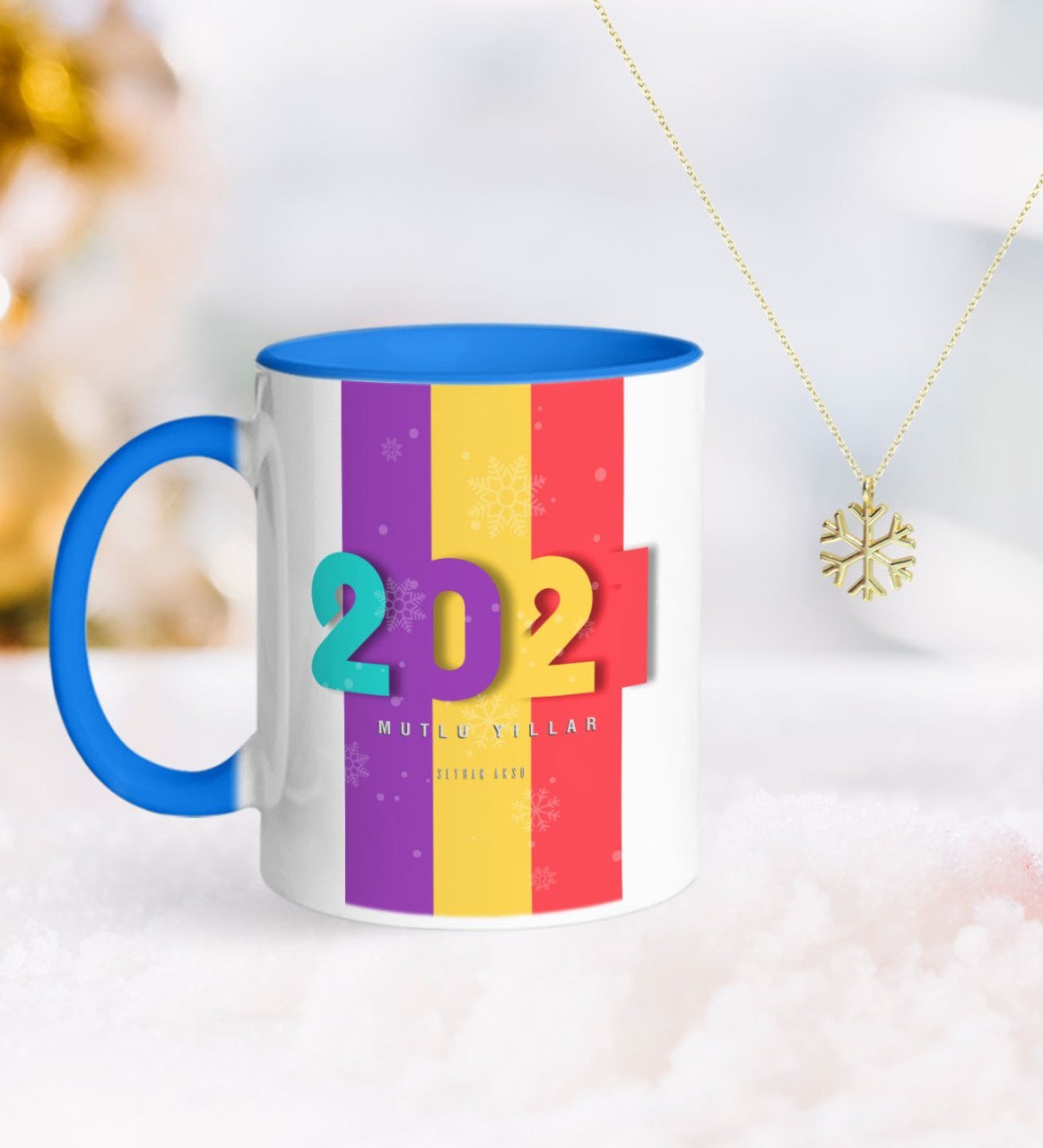 BK Gift Kişiye Özel 2023 Mutlu Yıllar Mavi Kupa ve Kar Tanesi Kolye-8