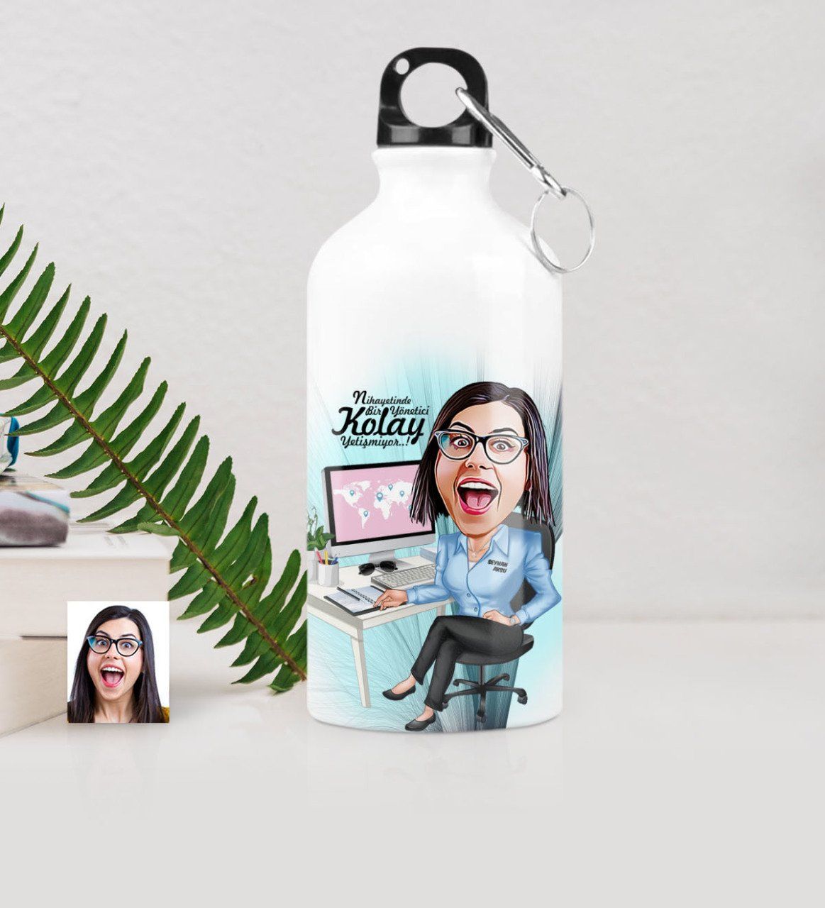 Kişiye Özel Bayan Genel Müdür Karikatürlü Metal Suluk (500 ml.) 1