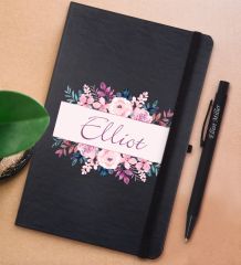 BK Gift Kişiye Özel Çiçek Tasarımlı Siyah Defter ve Metal Versatil Kalem(0,7 Kurşun) Hediye Seti-22
