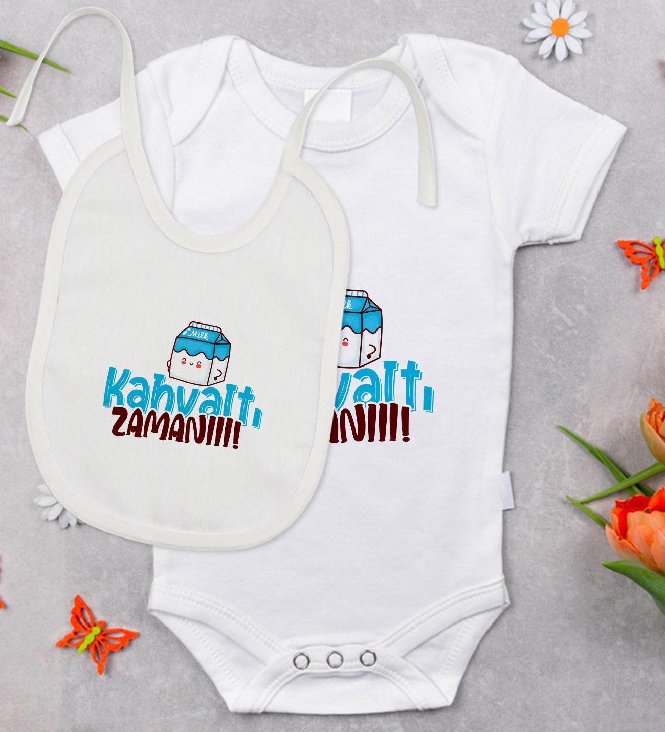 BK Kids Kahvaltı Zamanı Tasarımlı Bebek Body Zıbın ve Mama Önlüğü Hediye Seti - Model 1