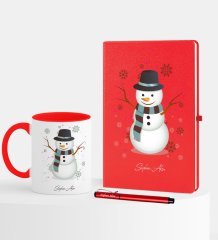 Kişiye Özel Yılbaşı Kardan Adam Temalı Kırmızı Defter Kalem Kupa Seti - 1