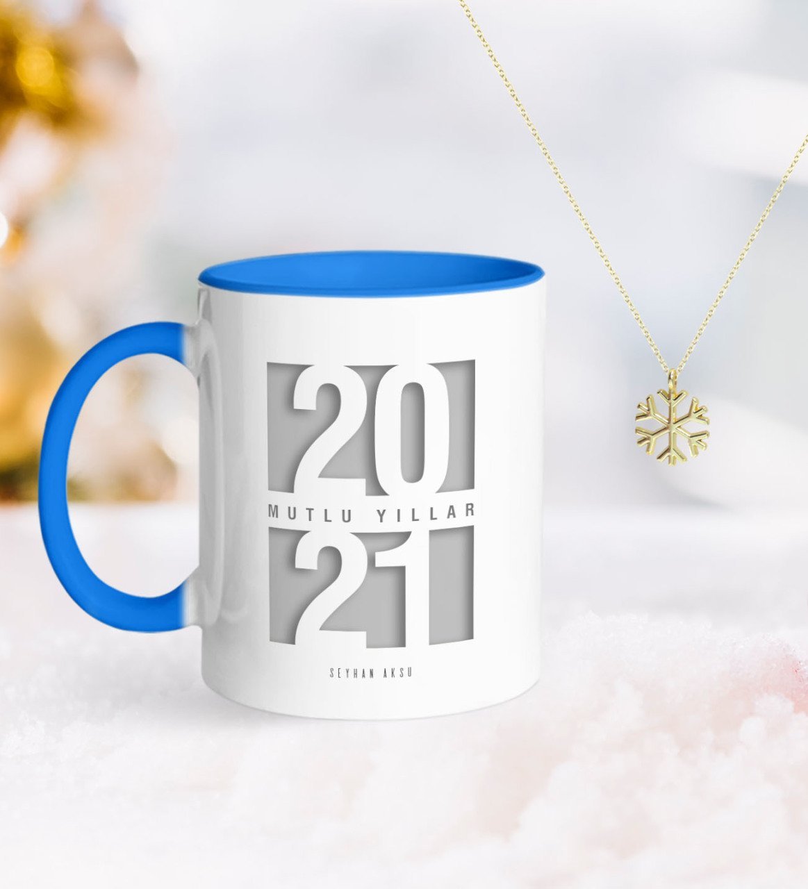 BK Gift Kişiye Özel 2023 Mutlu Yıllar Mavi Kupa ve Kar Tanesi Kolye-7
