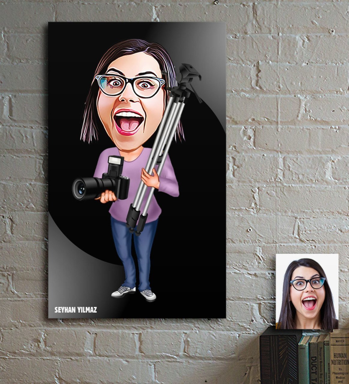 Kişiye Özel Bayan Profesyonel Fotoğrafçı Karikatür Ahşap Tablo - 1
