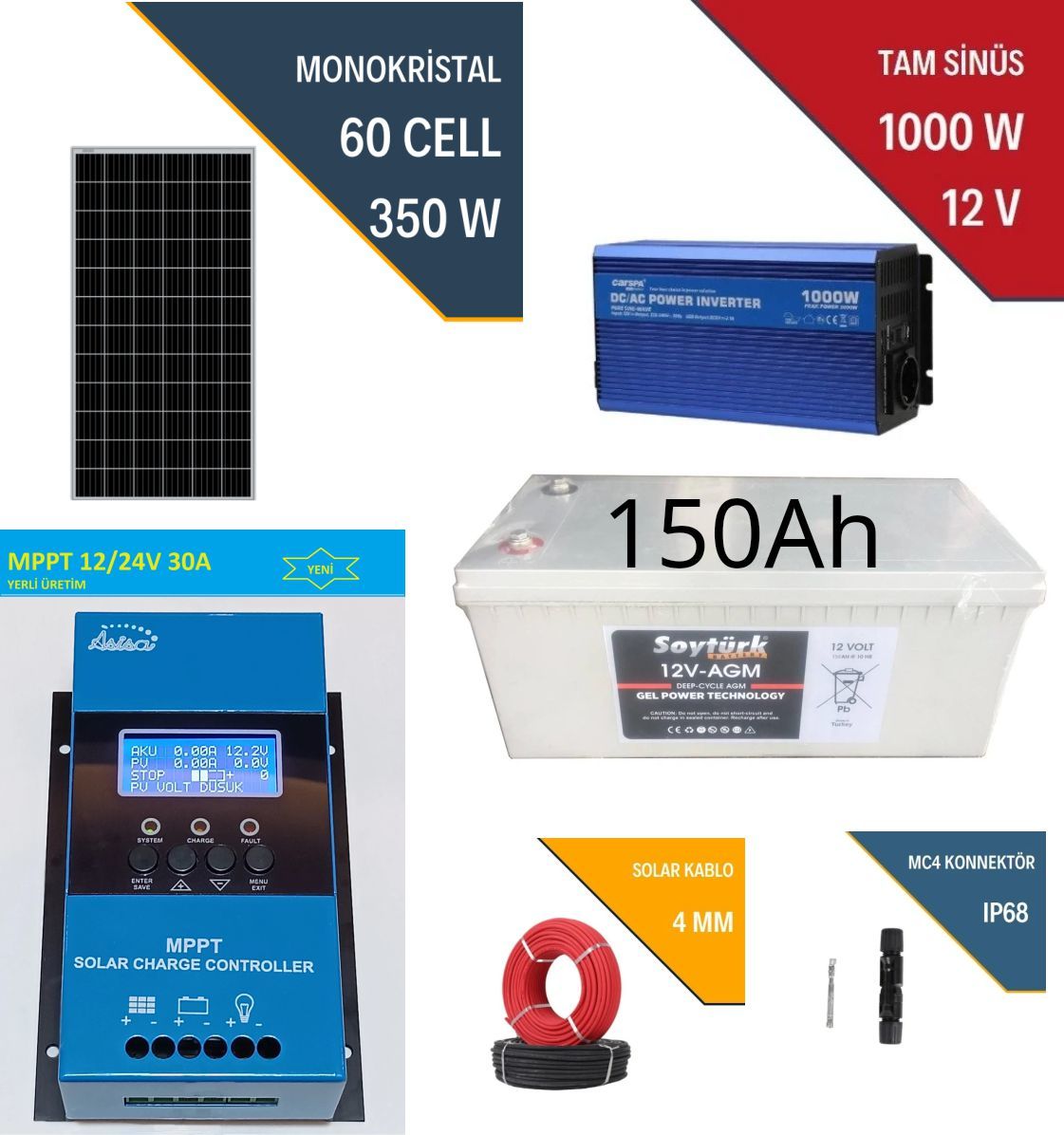 GÜNEŞ ENERJİSİ TV AYDINLATMA MİNİ BUZDOLABI SETİ-1KVA İNVERTÖR,30A MPPT,350Wp PANEL,150AH JEL AKÜ