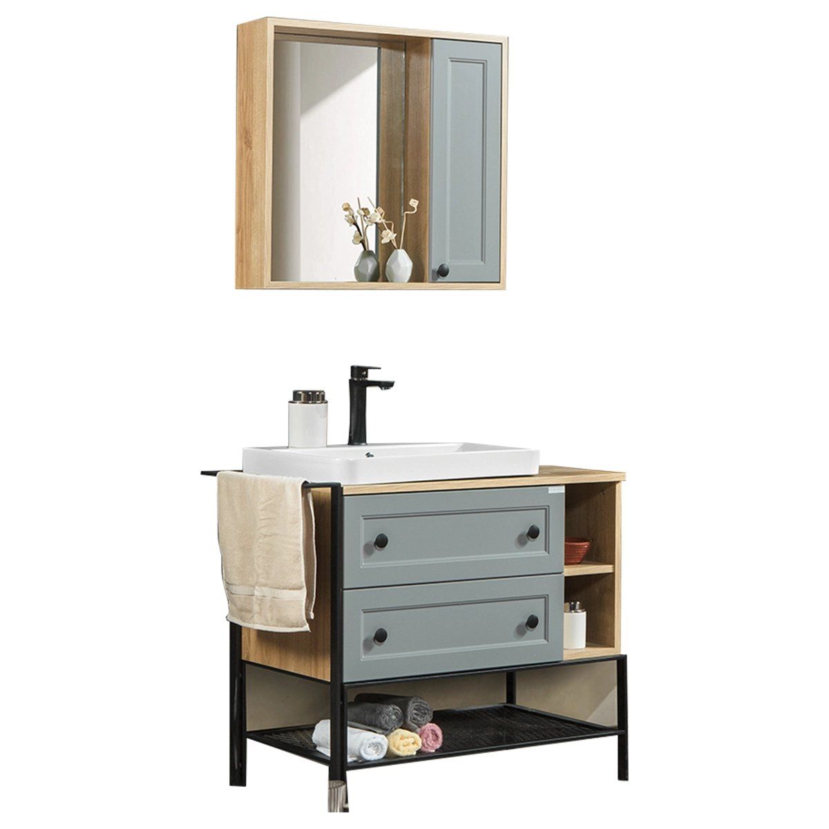 Bagnora Pactical Safir Meşe & Gri 96 cm Banyo Dolabı