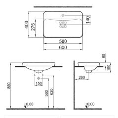Kale Zero 2.0 Yarı Gömme Dikdörtgen Lavabo Mat İnci 60X40 Cm