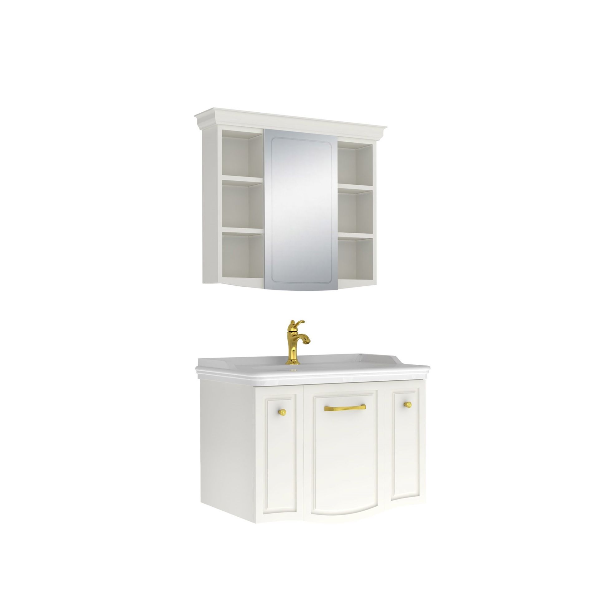 Kale Arte+ Banyo Dolabı Seti Parlak Beyaz Altın Kulplu 80cm