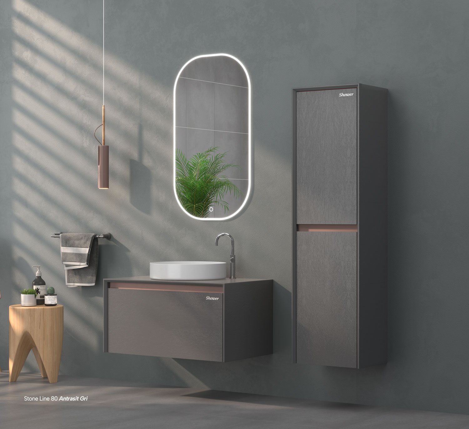 Shower Stone Line 80 cm Banyo Dolabı Antrasit