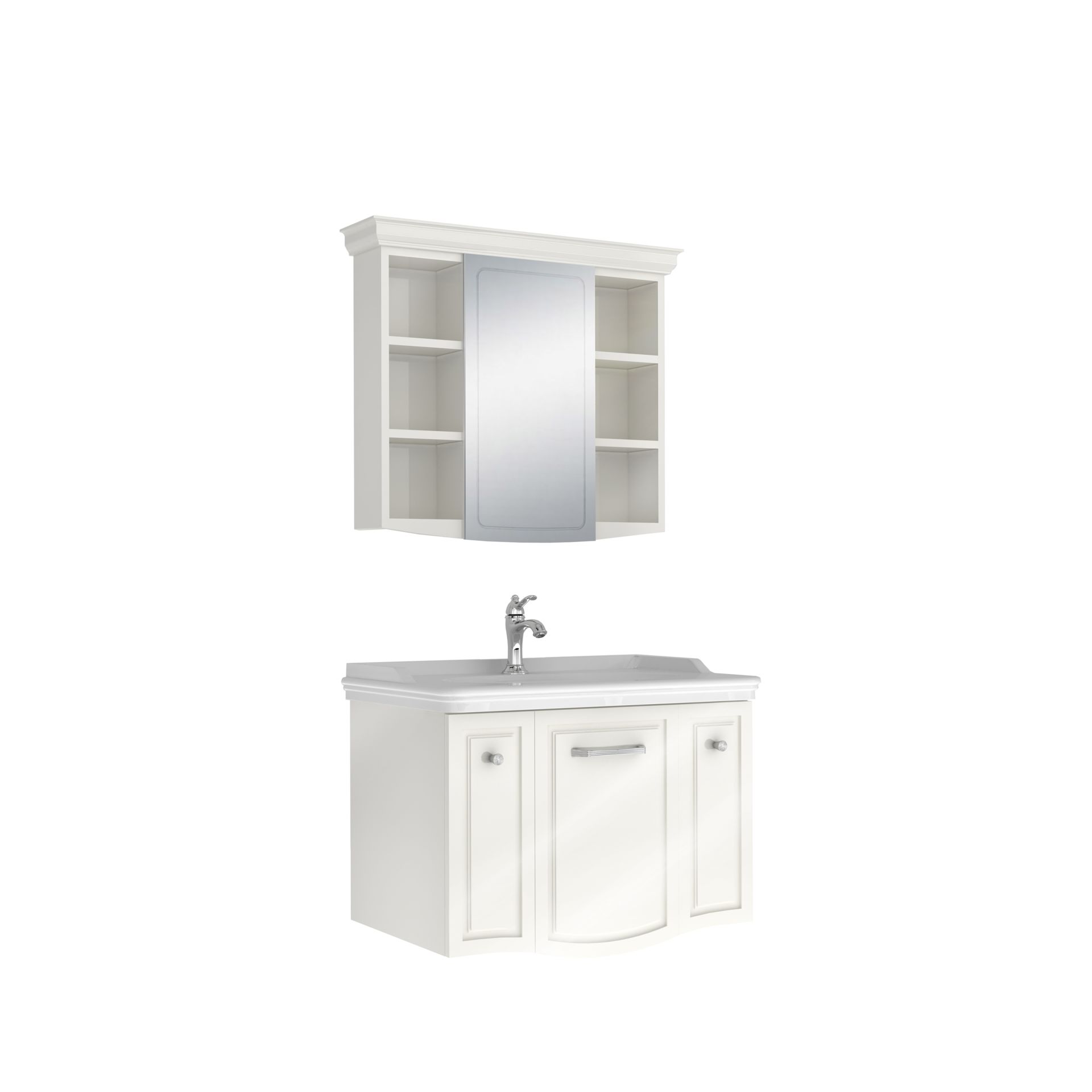 Kale Arte+ Banyo Dolabı Seti Parlak Beyaz Krom Kulplu 80cm