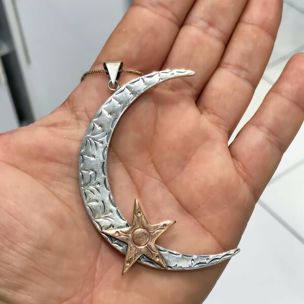 Ayyıldız Otantik Büyük Boy El İşçiliği Gümüş Ay Yıldız Kolye