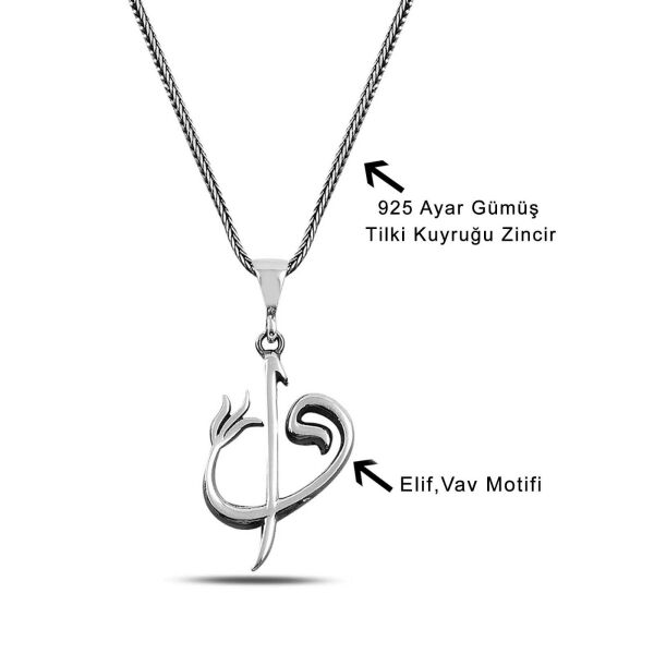 Elif Vav Harfli ve Lale Desenli 60 cm 925 Gümüş Kolye