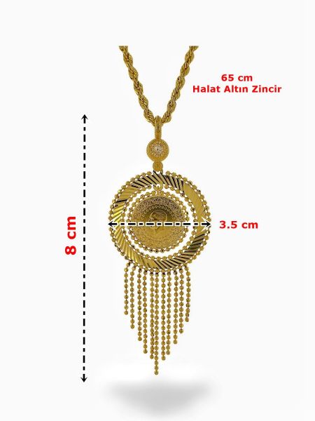 Çeyrek Altın Saçaklı 65 cm Uzun Halat Zincir 14 Ayar Altın Kolye