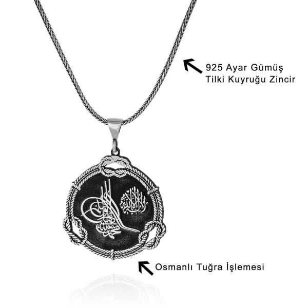 Osmanlı Tuğrası İşlemeli Madalyon 60 cm 925 Gümüş Kolye