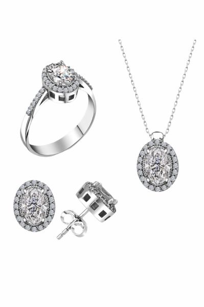 Sertifikalı Swarovski Taşlı Oval Kesim 925 Gümüş Set Takım