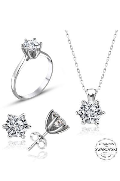 Sertifikalı Swarovski  Pırlanta Montür Tektaş 925 Gümüş Set Takım