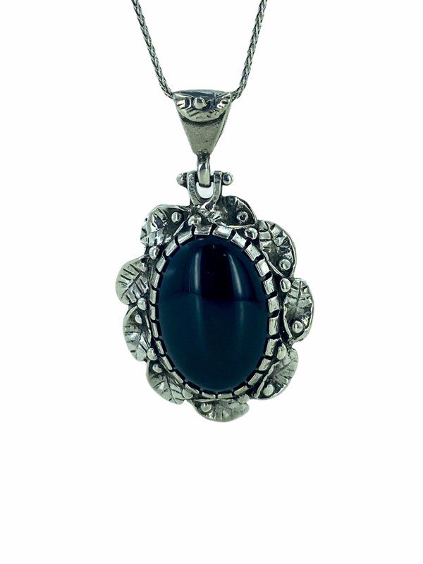 Oval Oniks Büyük Taşlı El Üretim Özel Tasarım 925 Gümüş Kolye
