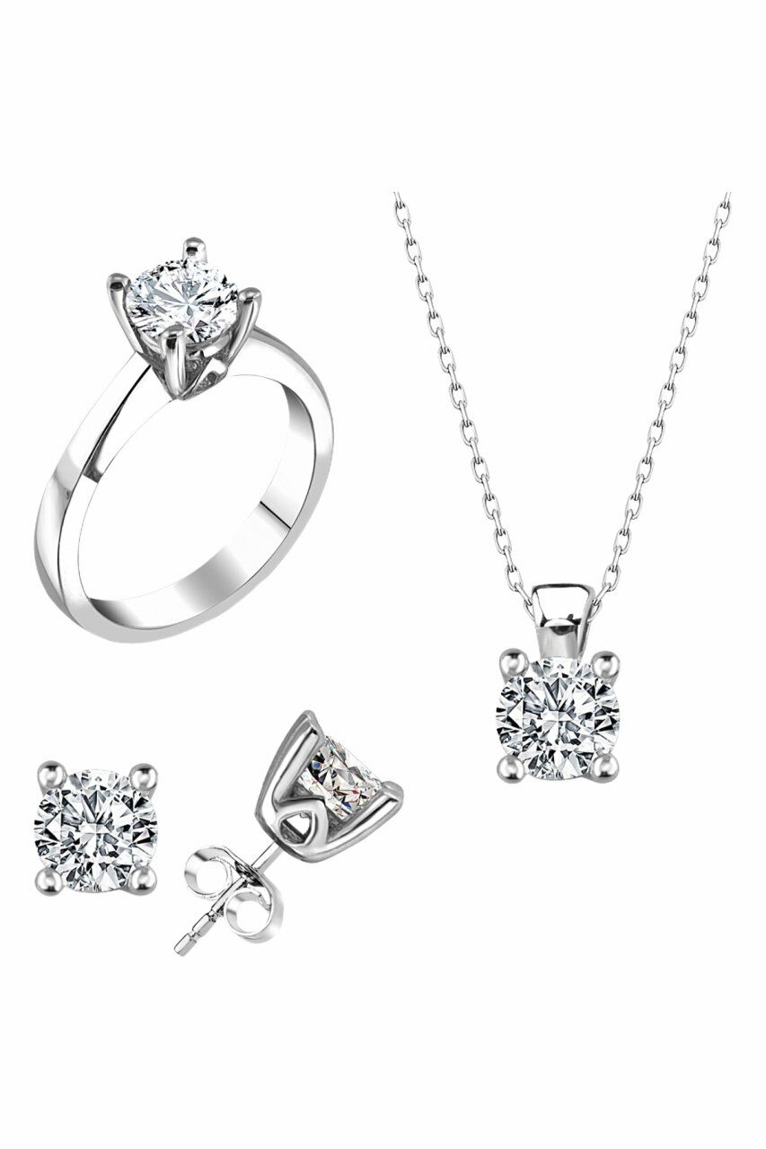 Sertifikalı Swarovski Tek Taş 925 Gümüş Set Takım
