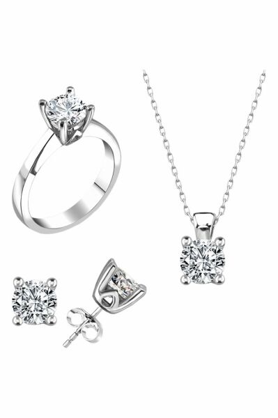 Sertifikalı Swarovski Tek Taş 925 Gümüş Set Takım
