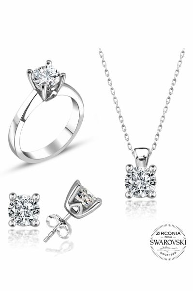 Sertifikalı Swarovski Tek Taş 925 Gümüş Set Takım