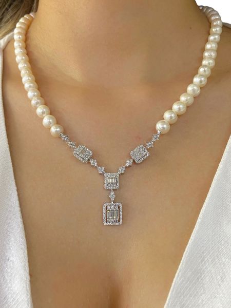 925 Gümüş Baget Zirkon Trend Model İnci Gerdanlık Kolye
