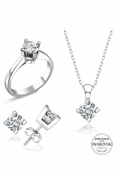 Sertifikalı Swarovski Taşlı Tek Taş 925 Gümüş Set Takım