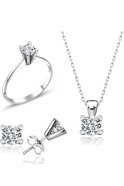 Sertifikalı Swarovski Taş Zarif Tek Taş 925 Gümüş Set Takım