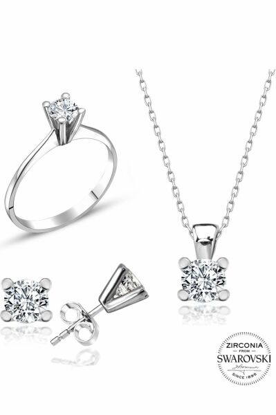 Sertifikalı Swarovski Taş Zarif Tek Taş 925 Gümüş Set Takım