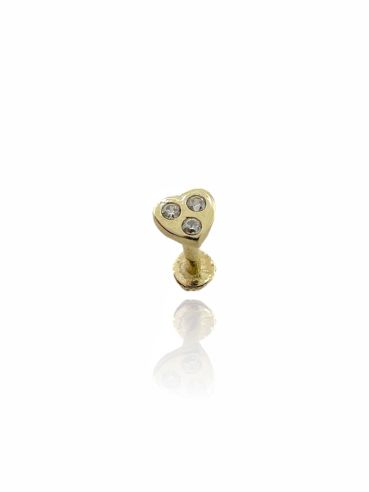 Üç Taş Kalp Tragus Küpe 14 Ayar Altın