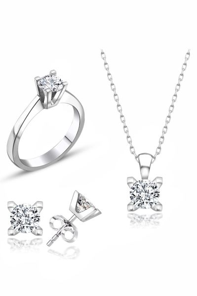 Sertifikalı Swarovski Taşlı Klasik Tek Taş 925 Gümüş Set Takım