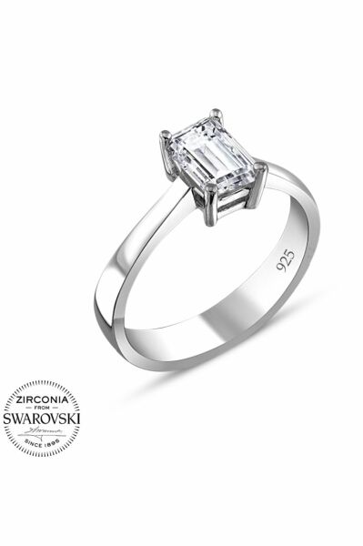 Swarovski Sertifikalı Baget Tek Taş 925 Gümüş Yüzük