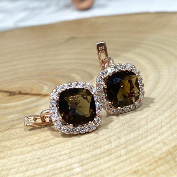 Pırlanta İşçilik Baget Smoky Quartz Taş Gümüş Küpe