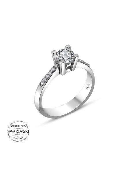Sertifikalı Swarovski Taşlı Tek Taş 925 Gümüş Yüzük