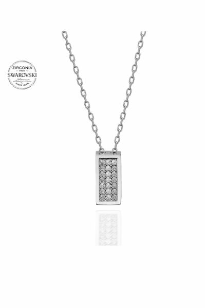 Sertifikalı Swarovski Taşlı Dikdörtgen 925 Gümüş Kolye