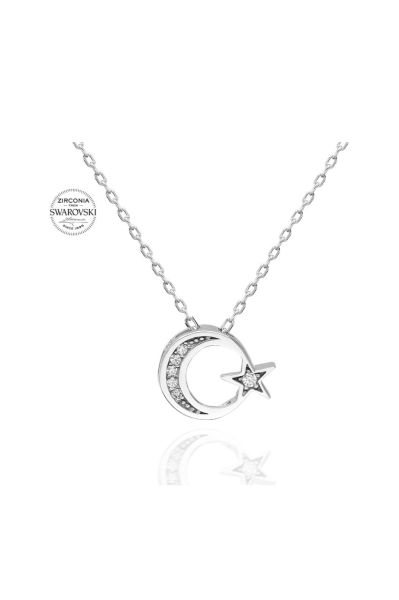 Sertifikalı Swarovski Taşlı Ayyıldız 925 Gümüş Kolye