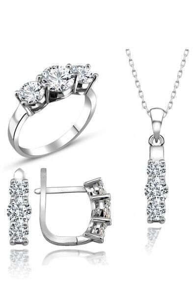 Sertifikalı Swarovski 3 Üç Taş Tria 925 Gümüş Set Takım