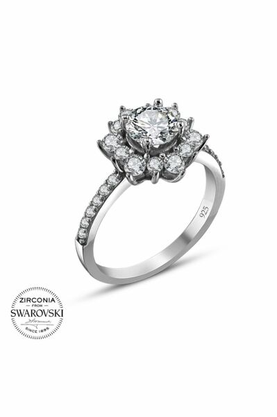 Sertifikalı Swarovski Taş Çiçek Model Tektaş 925 Gümüş Yüzük