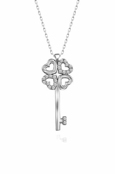 Sertifikalı Swarovski Taş Yonca Anahtar 925 Gümüş Kolye