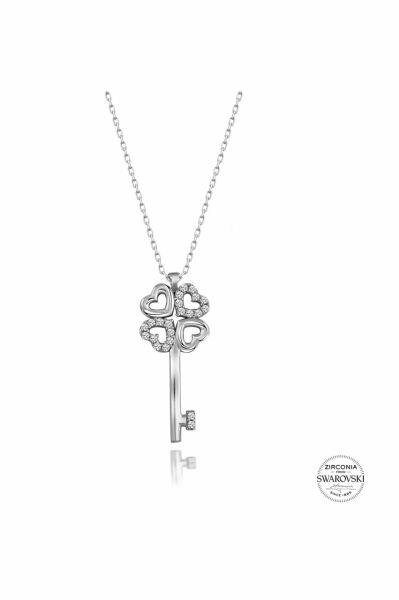 Sertifikalı Swarovski Taş Yonca Anahtar 925 Gümüş Kolye