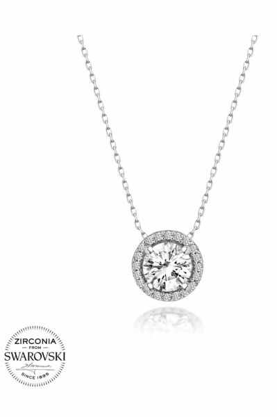 Sertifikalı Swarovski Taş Büyük Yuvarlak 925 Gümüş Kolye