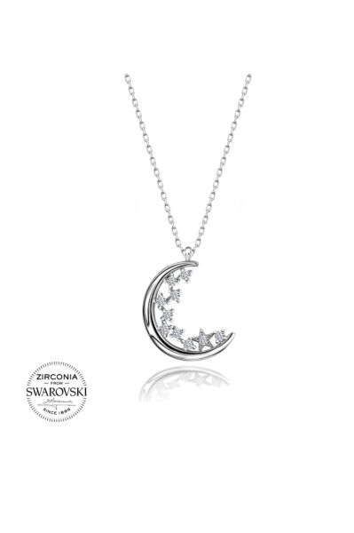 Sertifikalı Swarovski Taşlı Ay ve Yıldız 925 Gümüş Kolye