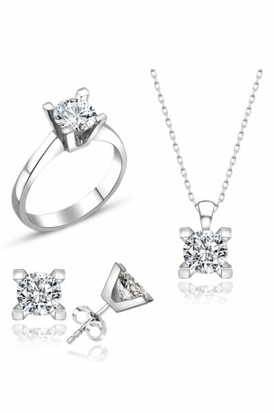 Sertifikalı Swarovski Altın Montür Tektaş 925 Gümüş Set Takım