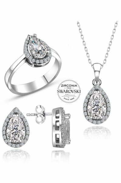 Sertifikalı Swarovski Damla Taşlı Tek Taş 925 Gümüş Set