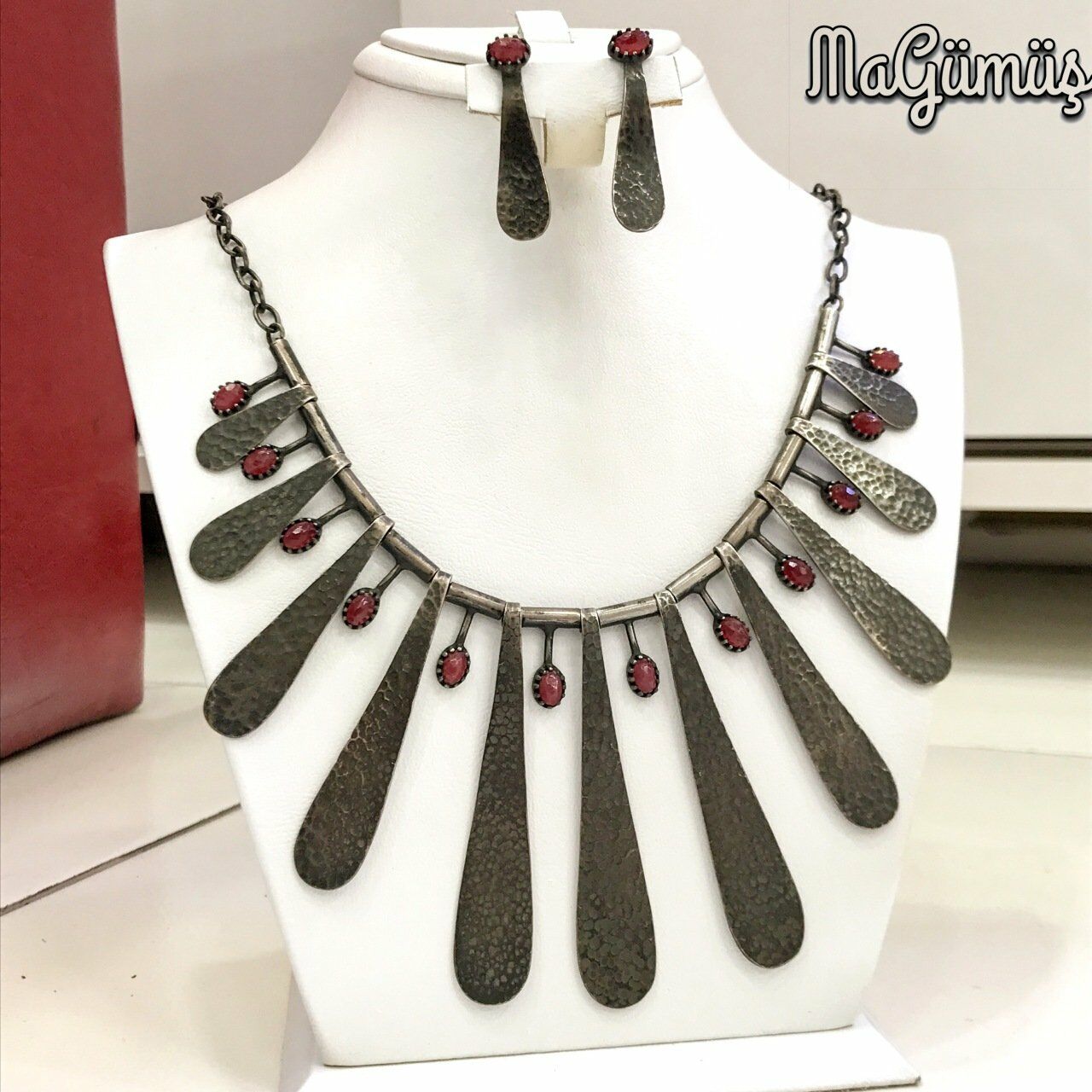 El Üretim Doğal Yakut Taşlı Otantik Gerdanlık Küpe Gümüş Set