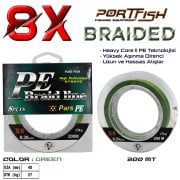 Portfish Pars 8 Kat İp Misina 200 mt Yeşil