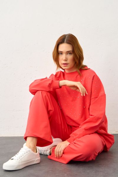 Mercan Taş Detaylı Pamuklu Örme Alt Üst Takım