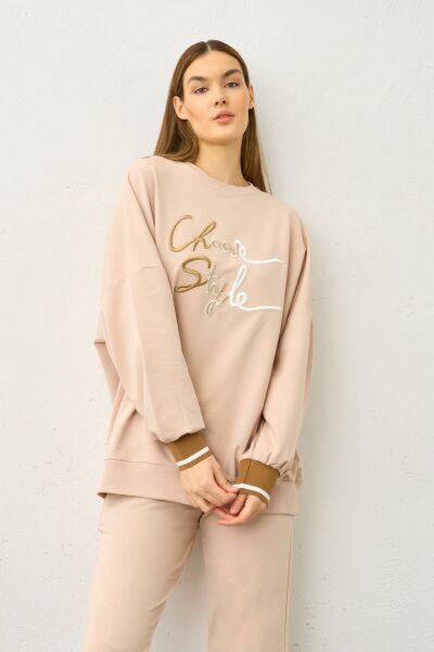 Taş Biye Detaylı Choose Style Nakışlı Pamuklu Örme Alt Üst Takım