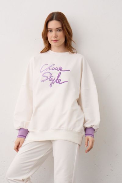 Ekru Biye Detaylı Choose Style Nakışlı Pamuklu Örme Alt Üst Takım