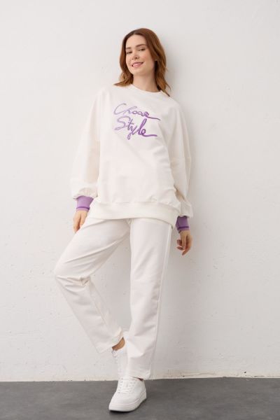 Ekru Biye Detaylı Choose Style Nakışlı Pamuklu Örme Alt Üst Takım