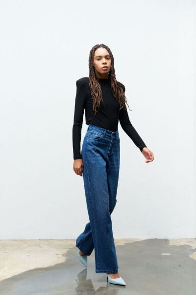 KOYU MAVİ %100 Pamuk  Önü Komple Taş Detaylı Denim